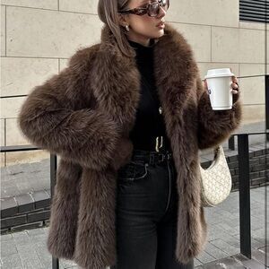 Luxurious Brown Faux Fur Coat thick coat warm winter fluffy autumn
